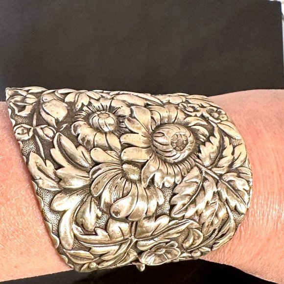Floral Sterling Silver 925 Solid Cuff Bracelet Wide Victorian Antique Repurposed - Picture 8 of 10